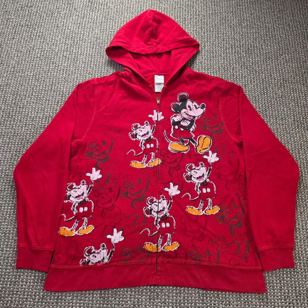 Disney Mickey Mouse Hoodie Men XL Full Zip Graphic All Over Print Red Sweatshirt